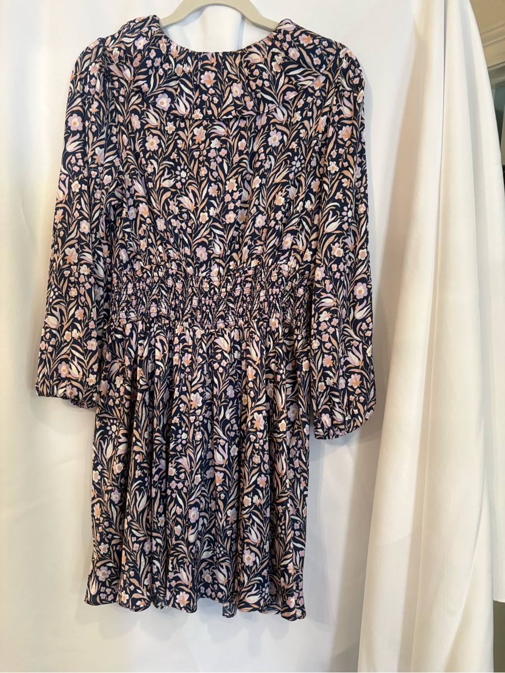 Silky Floral Smocked Waist Mini Dress in Navy and Blush